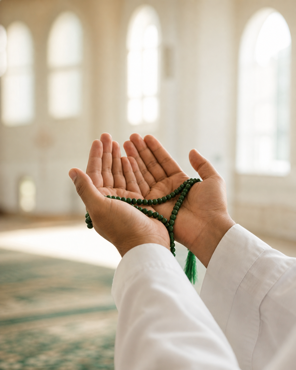 Hands raised in dua with prayer beads